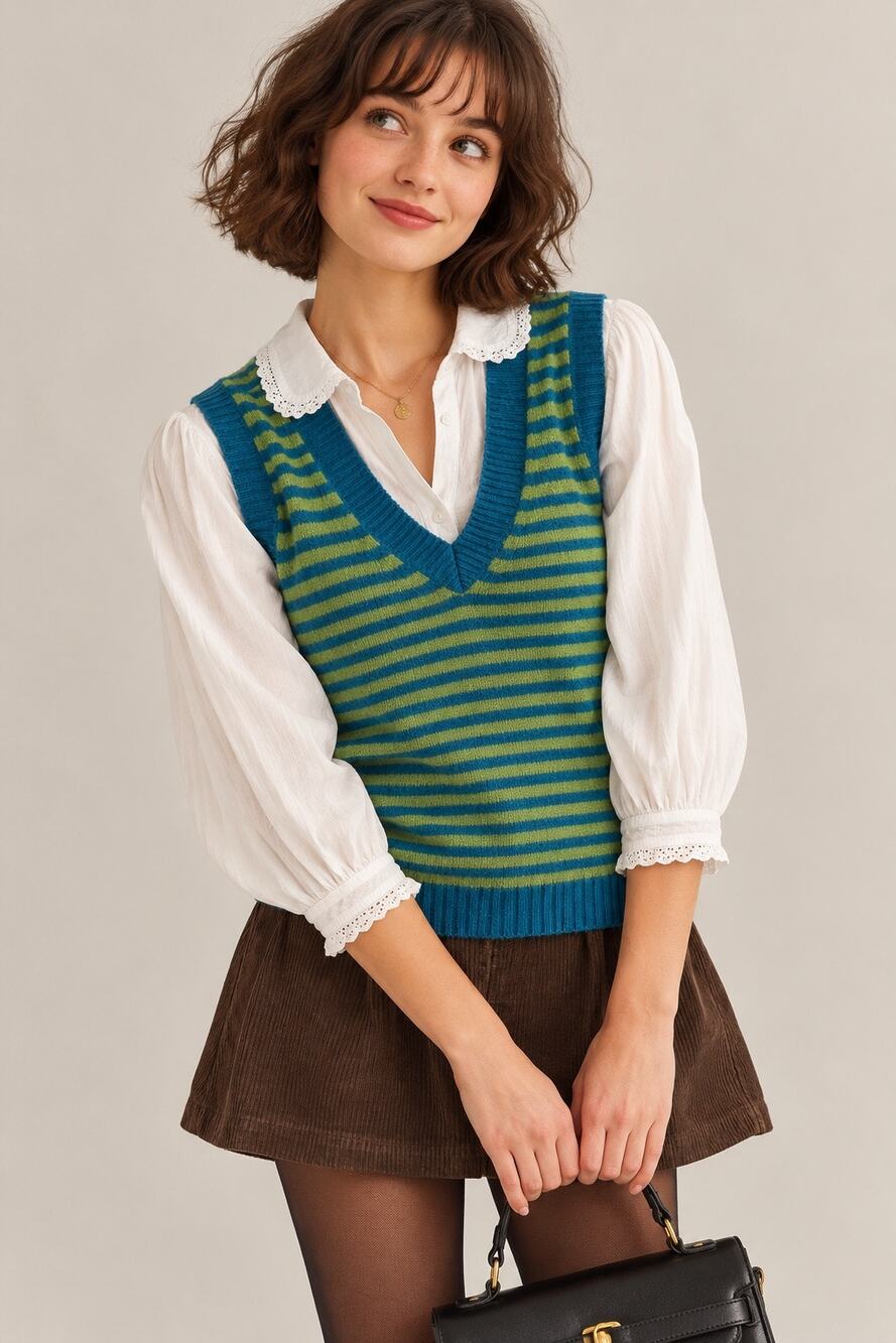 Boden Vintage Y2K 100% Wool Striped V-Neck Sweater Vest